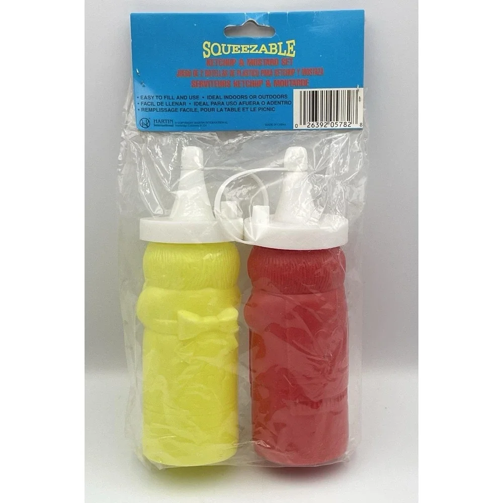 Vintage 1990s Hartin Squeezable Ketchup Mustard Set‎ Novelty Figure Bottles NIP